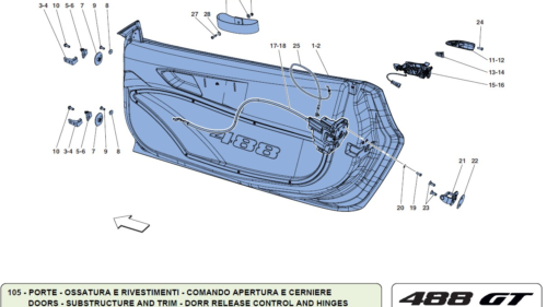 105 GT3 - DOORS - SUBSTRUCTURE AND TRIM - DORR RELEASE CONTROL AND HINGES